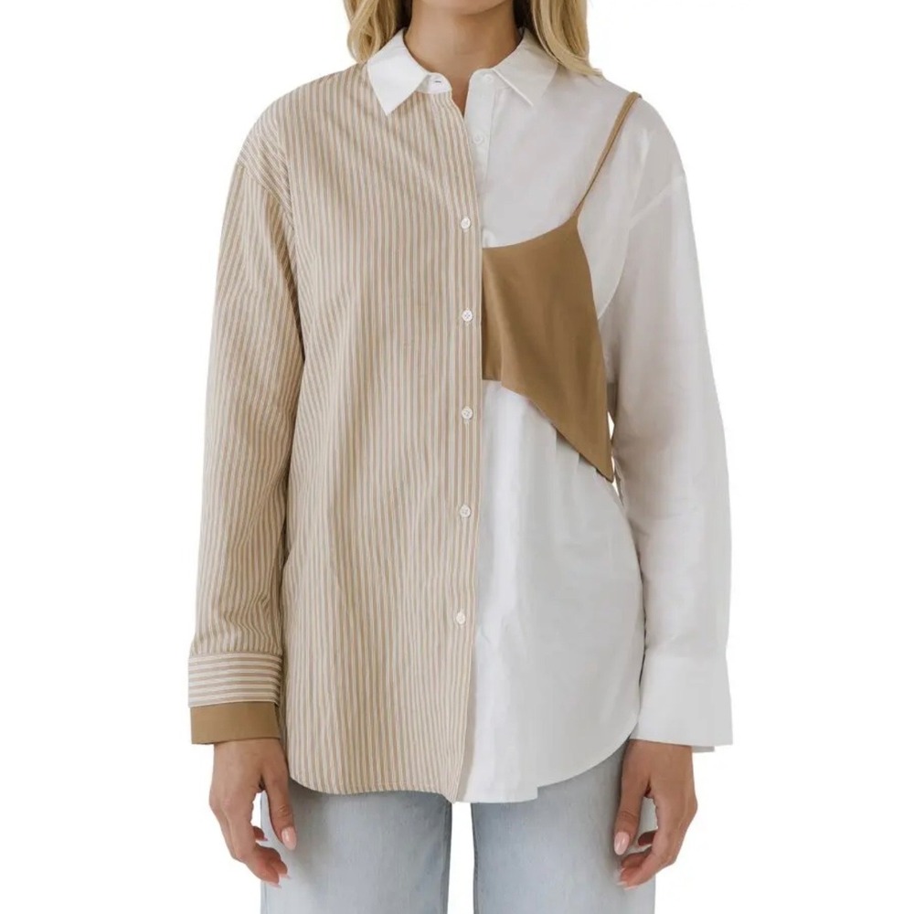 Grey Lab Deconstructed Striped Button Down Shirt Tan White Mixed Media Small